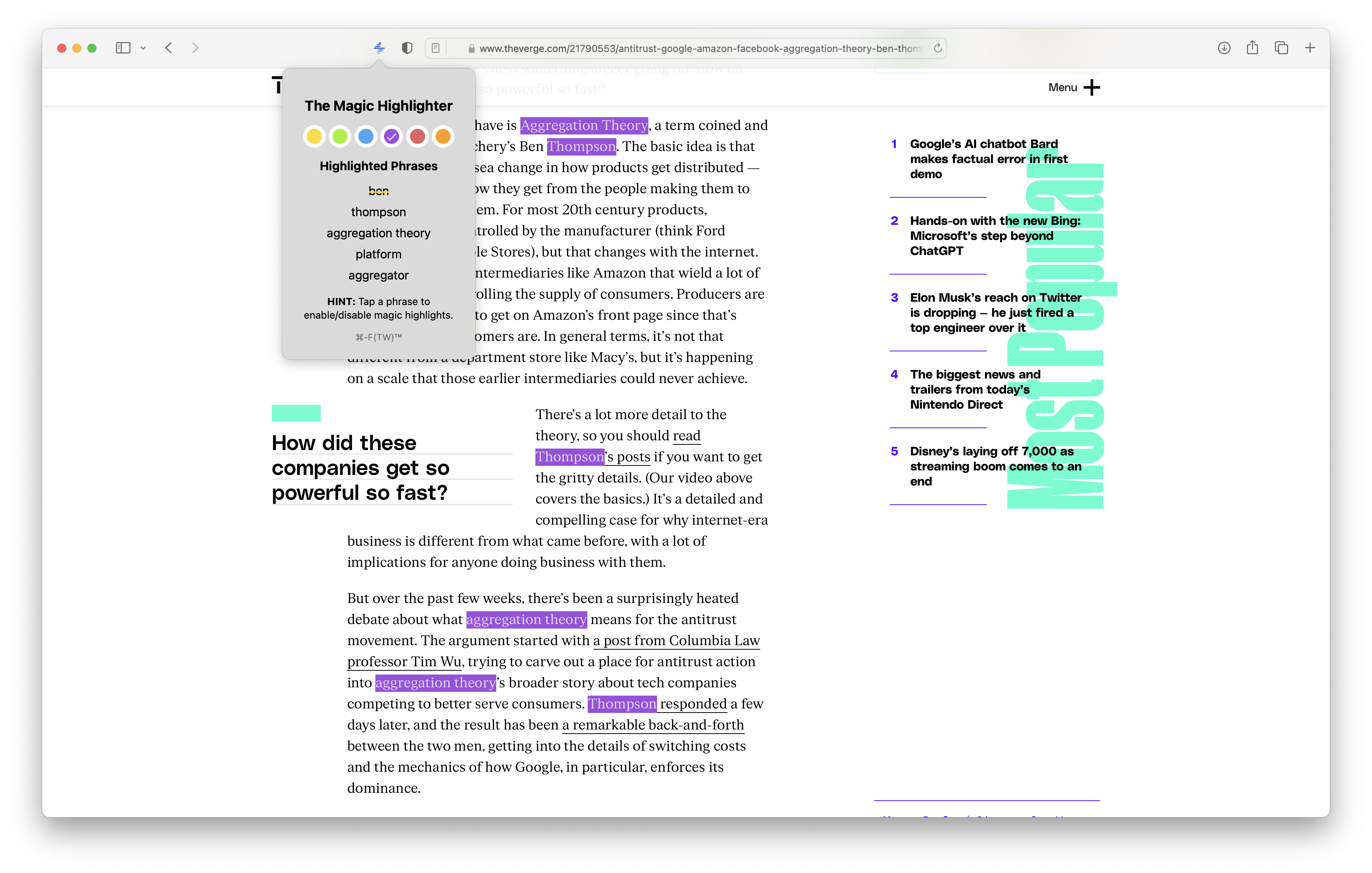 Use the ⌘-Shift-F keyboard shortcut to open The Magic Highlighter popup and change highlight colors, disable magic highlights, and more.